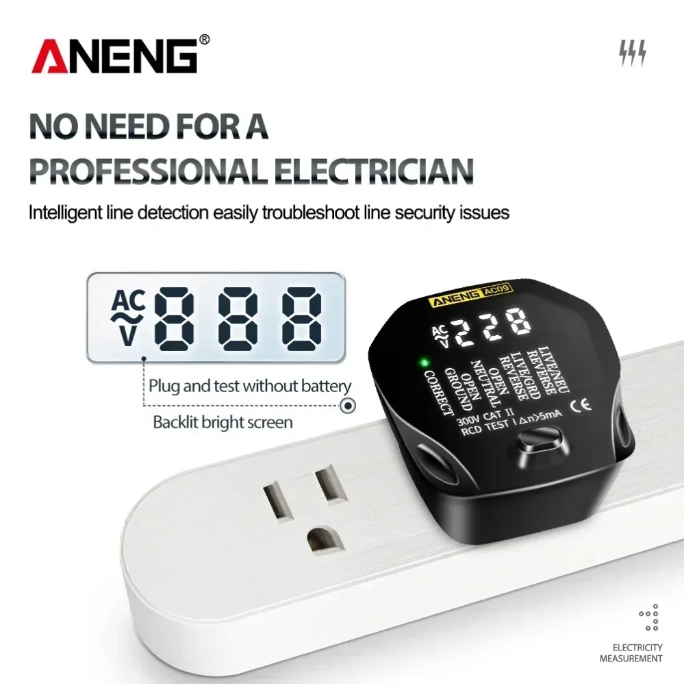 

Тестер электрических утечек ANENG AC09 с подсветкой экрана, детектор утечек тока (RCD), 90В-250В, для розеток стандарта США
