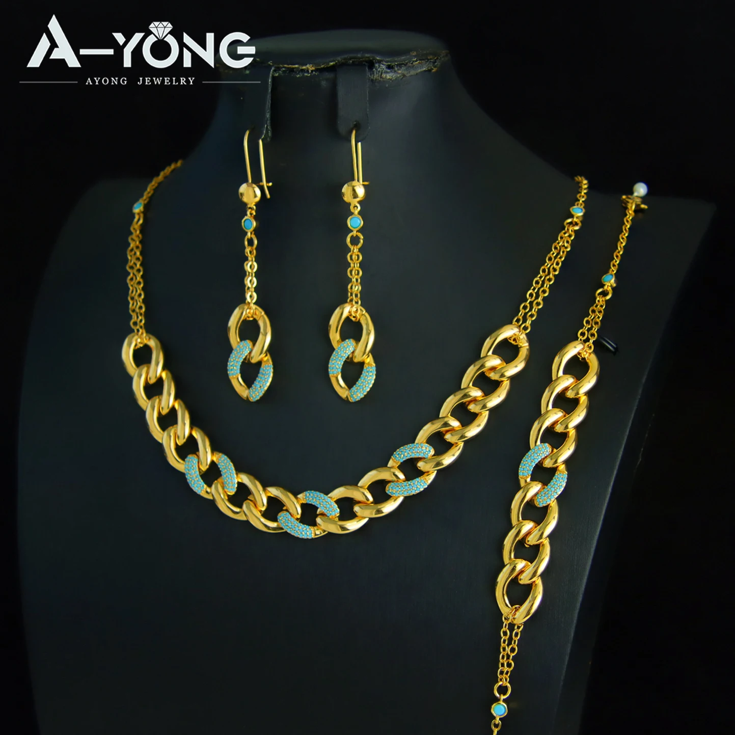 

Итальянский комплект ювелирных изделий золотого цвета, 21 К позолоченный синий цирконий, Дубай, свадебное ожерелье, браслет, серьги, бразильские женские украшения