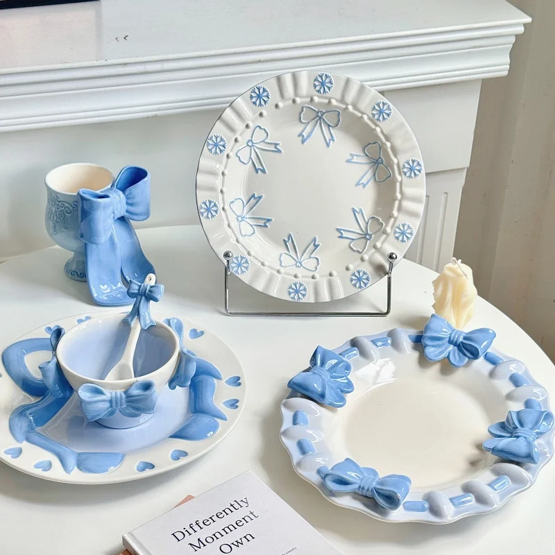 

Korean Cute Household Cutlery Set Blue Bow Relief Pattern breakfast Bread Plates Daily Restaurant Snack Fruit Plate