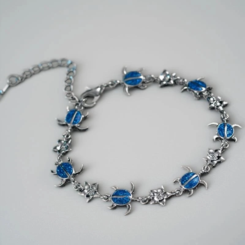 A Silver Inlaid Stone Turtle-shaped Cute Bracelet, Suitable for Giving As a Gift to Friends or Children