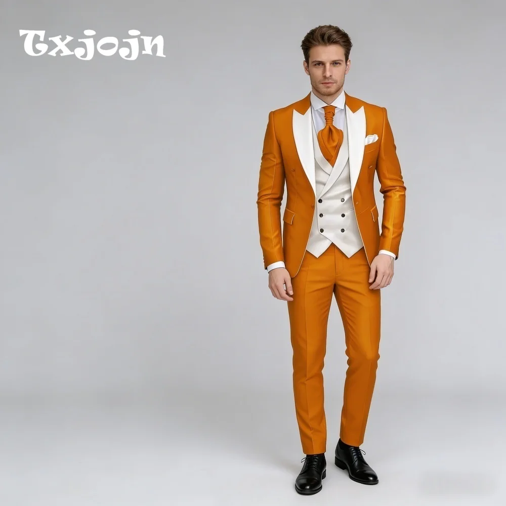 

Stylish Orange White Contrast For Men Wedding Formal Shawl Lapel 3PCS Suit Groom Suit Set Jacket Vest Pants Wedding Customized