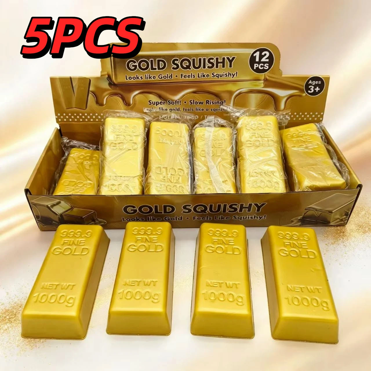 1-5 pièces de jouets anti-stress en forme de lingot d'or simulé, à remontée lente, jouet réaliste à presser pour soulager l'anxiété, cadeaux de fête.