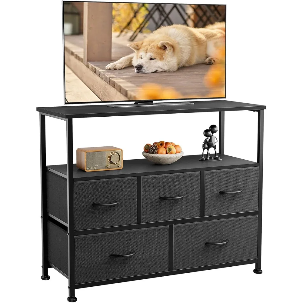 TV Stand Dresser for Bedroom with 5 Fabric Drawer,Entertainment Center for 45 inch Television, Media Console Table with Storage