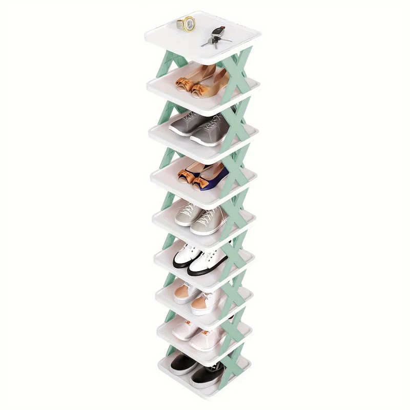 9/5-tier narrow entryway shoe rack, plastic vertical shoe organizer, space-saving, freestanding shoe storage shelf.