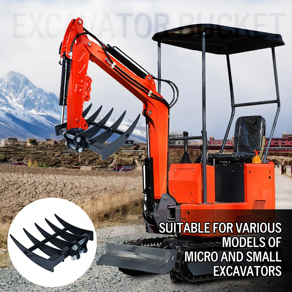 Mini Excavator Rake Black Steel Five-tooth Rake Land Shredder Excavator Accessory Suitable For 0.8-3 Ton Excavator Free Shipping