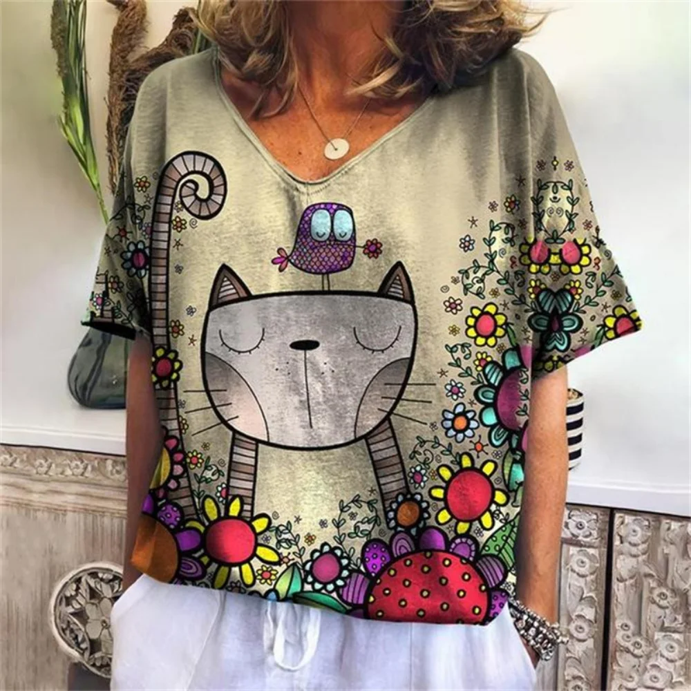 Women's T-Shirt Vintage Cat Funny 3D Printed Casual V-Neck Short Sleeve Tee Blouses Summer Trend Harajuku Pullover Loose Tops