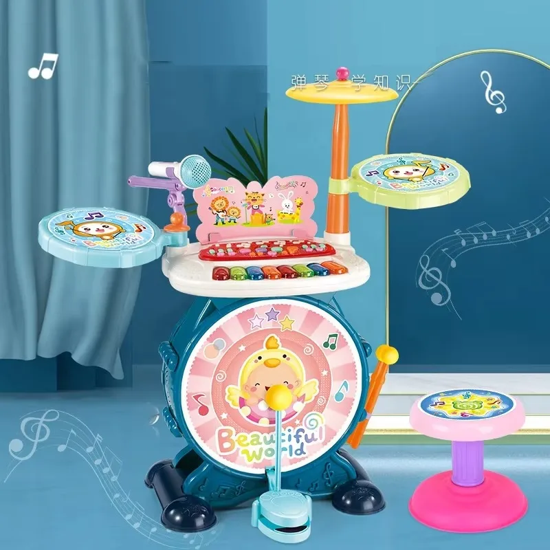 Multifunctional electronic musical instrument toy drum kit piano jazz drum integration toy with microphone and lighting for kids