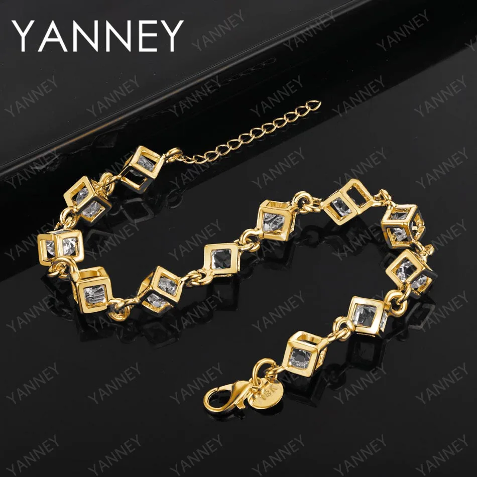 Women 925 Sterling Silver 18K Gold Square Zircon Charm Bracelet 8 Inches For Jewelry Accessories Fashion