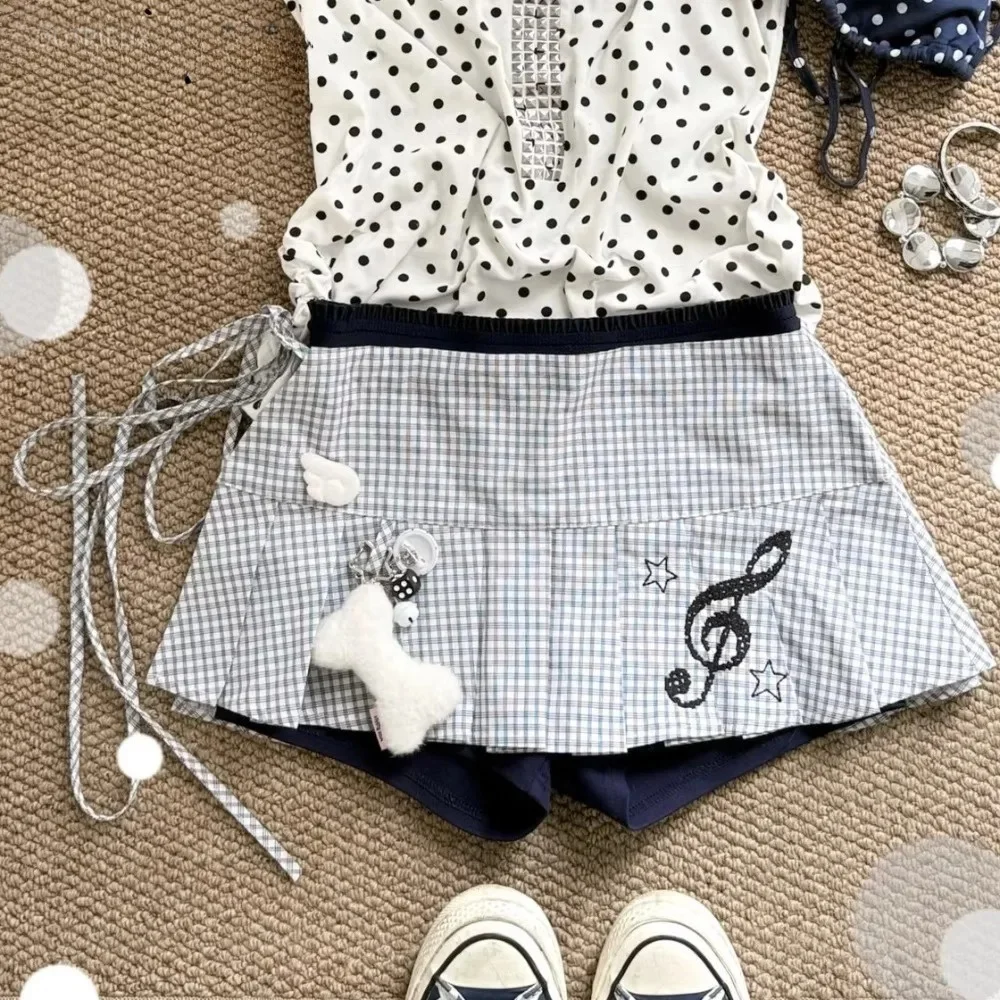 Plaid Musical Note Skirt Pleated Mini Women's skirts High Waist A-line Roupas Feminina Y2k Faldas Preppy Style Ropa Mujer