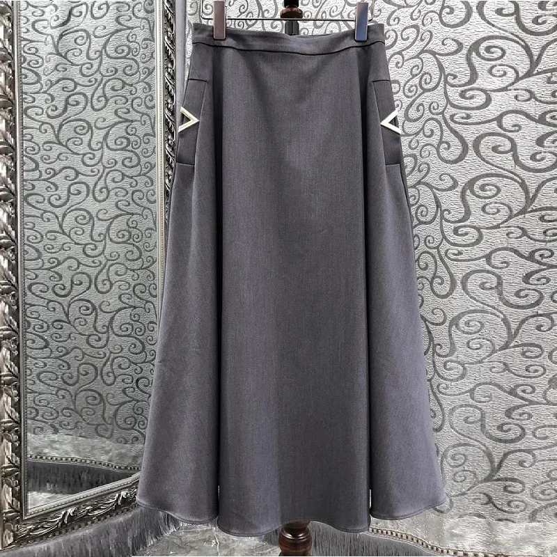 High Quality New Long Skirt 2024 Autumn Winter Design Women Pocket Patchwork Mid-Calf Length Elegant Grey Long Maxi Skirt OL