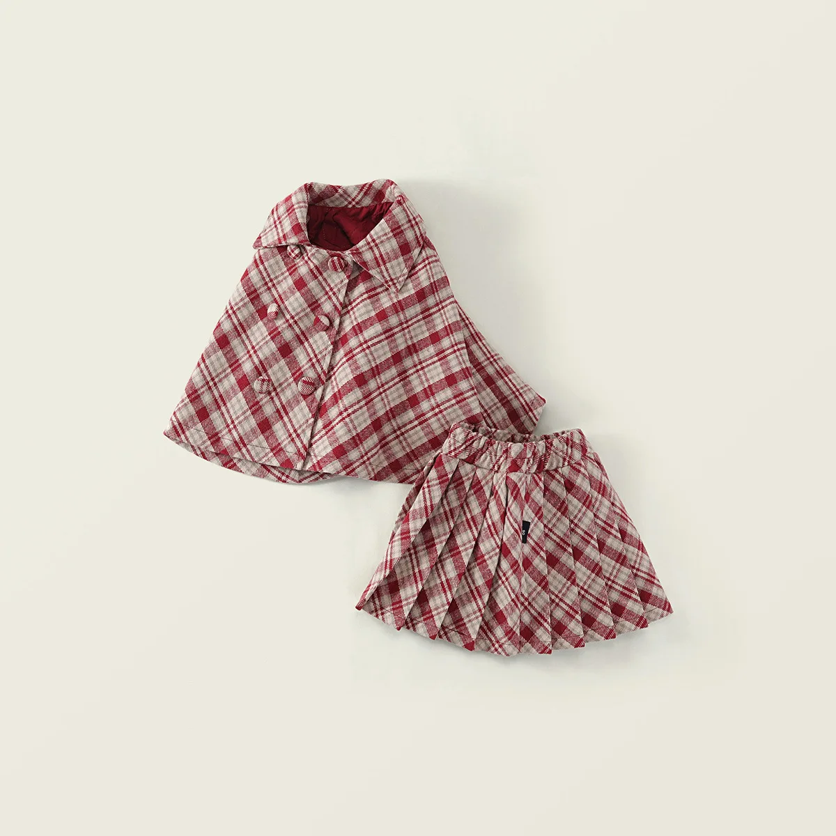 2025 Autumn‑Winter Girls Clothing Sets Red Plaid Wool‑Blend 2‑Piece Set Thick Cape Coat & Pleated Skirt Outfit for Little Girls