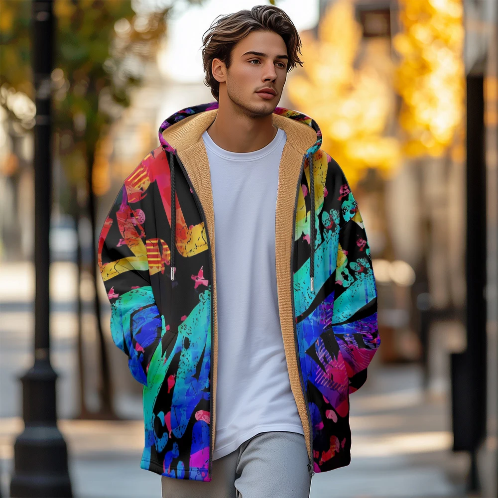 Man winter clothing, New in Down Coats, new fashion graffiti design cotton-padded jacket clothing, feather print pocket zipper