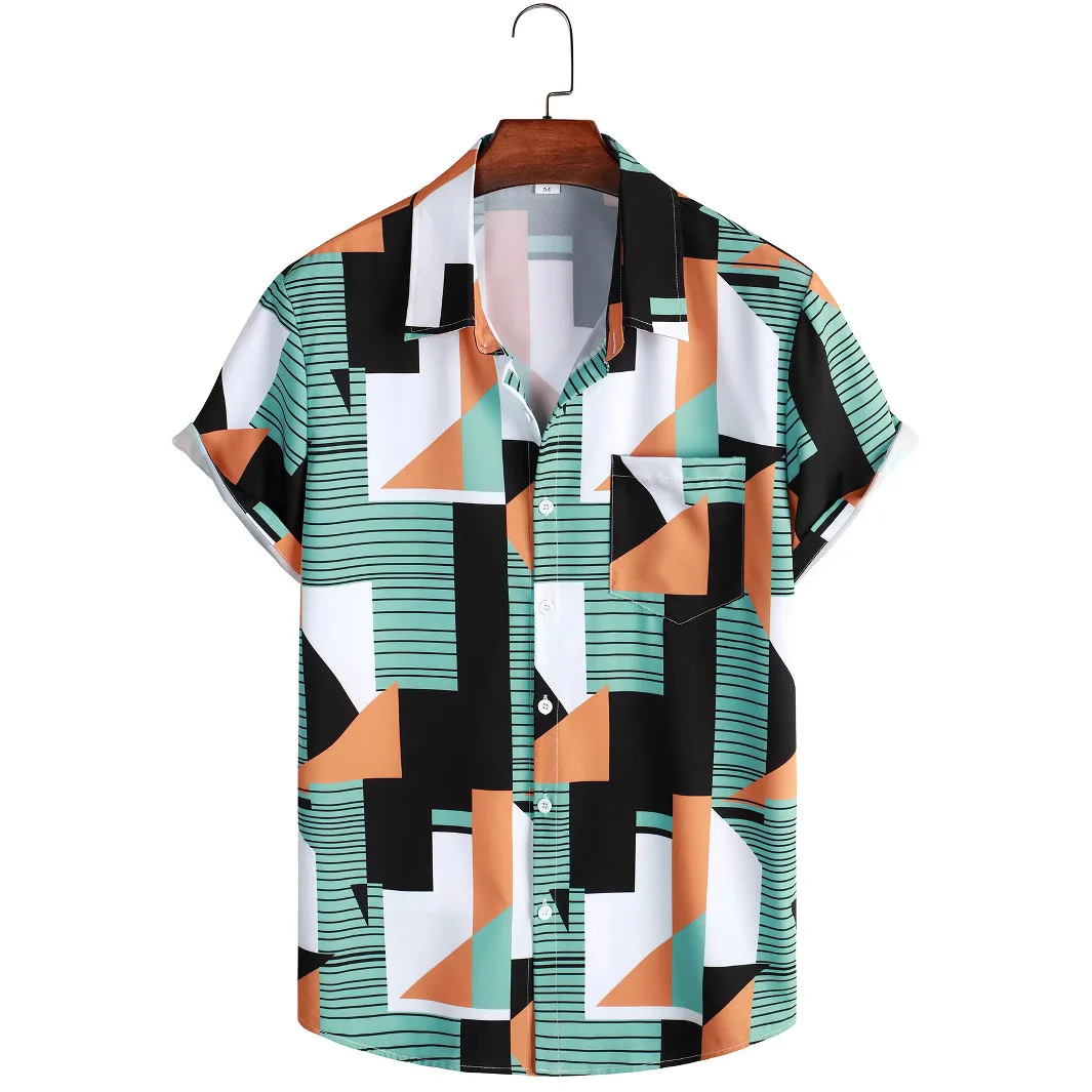 

2025 Hawaiian shirt men's color blocked casual loose 3D printed shirt men's beach vacation plus size men's short sleeved shirt