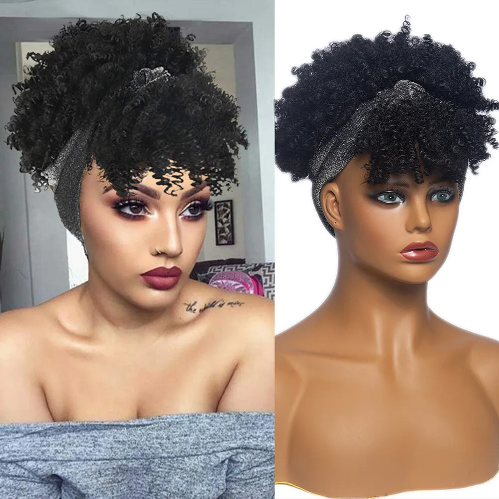 Synthetic Hair Short Kinky Curly Headband Wigs For Black Women With Scarf Afro Curly Headband Wig With Bangs Cosplay Daily Use