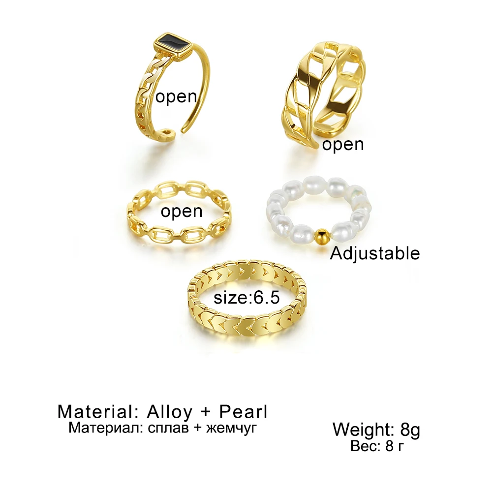 IPARAM Fashion Gold Color Metal Rings Set for Women Chain Geometric Finger Ring Pearl Rings Party Jewelry Gifts