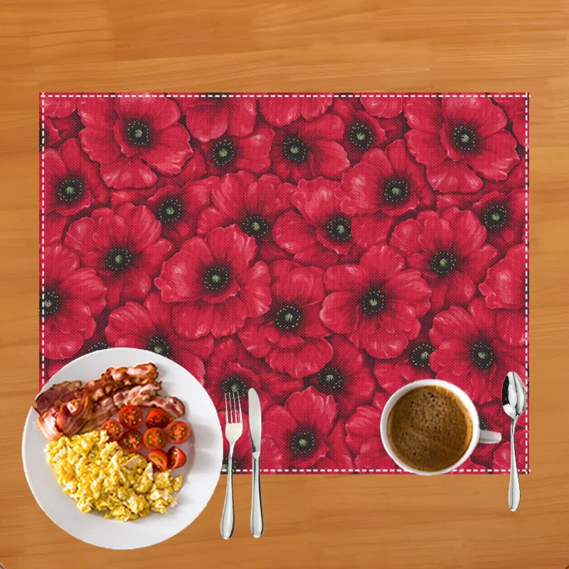 Fashion Red Poppy Flowers Print Table Mats for Dining Coffee Cup Coaster Linen Placemat Kitchen Accessories Dish Drying Pads