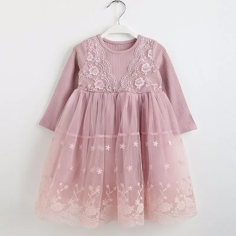 2024 Girls Flower Lace Dress Birthday Party Princess Dress Long Sleeve Autumn Winter Kids Dresses 3-8 Yrs Girls Csual Clothes