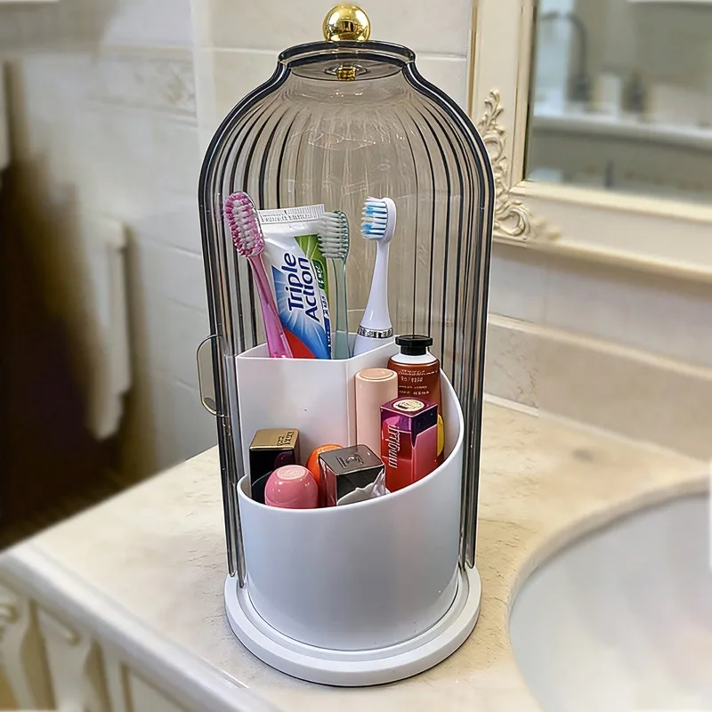 Toothbrush & Toothpaste Holders Makeup Brush Holder Organizer With Lid,360 Rotating Dustproof ABS Storage Caddy,3 Slots Sliding Lid Toothbrush Holder With Non-Slip Base,Multi-Use Space-Saving Organizer For Makeup Brushes Toothpaste