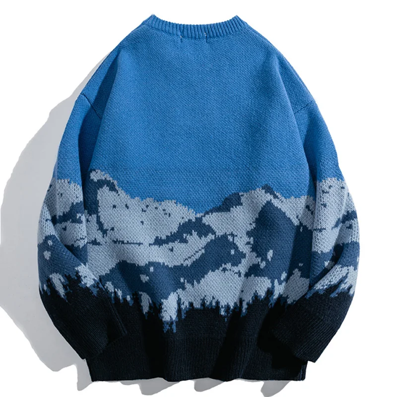 Snow Mountain Jacquard Sweater Men Woman Harajuku Retro Letter Flocking Knitted Jumper Fall Couple Tie Dye Casual Loose Pullover