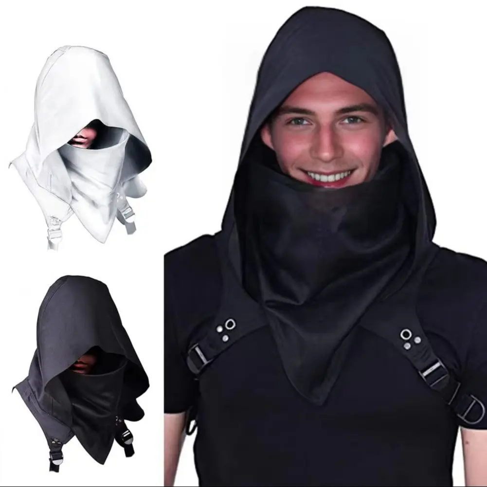 White Hooded Cloak Cyberpunk Cowl Hood Scarf Short Medieval Cape Assassin Hat Pagan Costume Cloak Outfit For Halloween