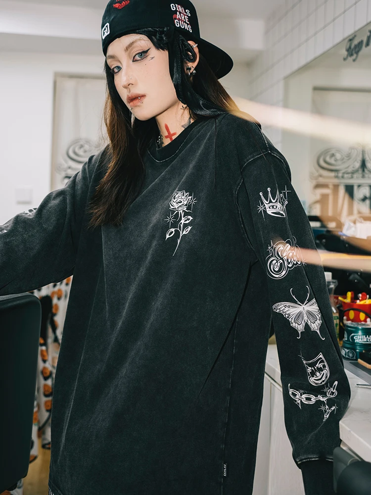 Will Tattoo Artist Double Headed Vintage Street Skateboard Floral Body Text West Coast Long Sleeve T-Shirt Unisex Worn-In Cotton