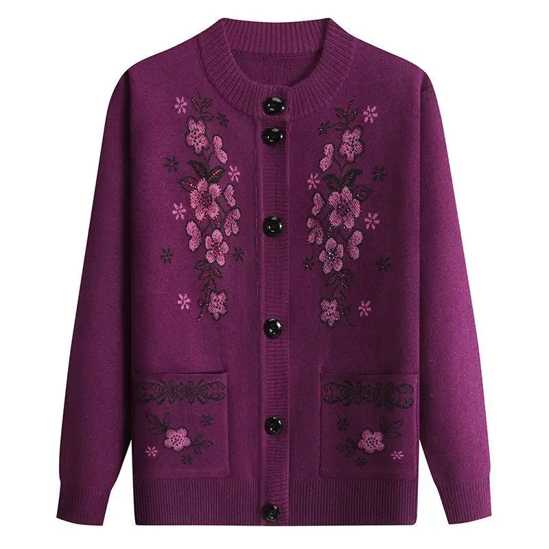 Women Fleece Lined Cardigan Floral Embroidery Knit Coat Pockets Warm Sweater For Elderly Ladies Autumn Winter