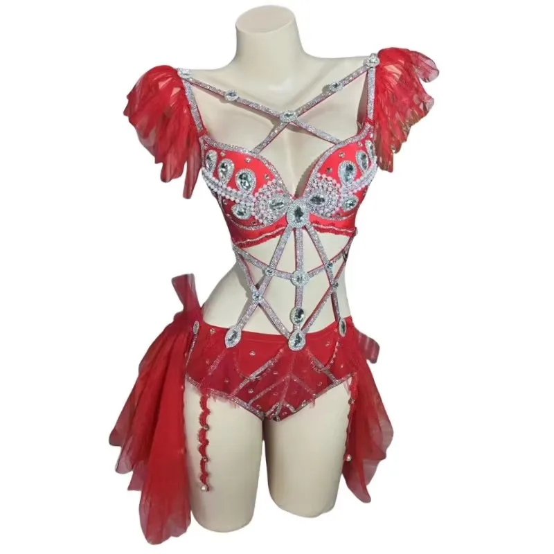Women's Fashion Sexy Red/Pink Rhinestones Bikini Bodysuit Nightclub Bar DJ Disco Dance Performance Stage Rave Outfit Wear