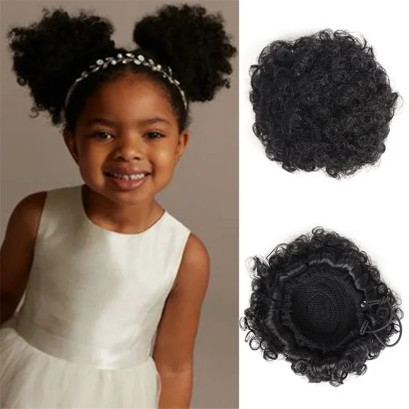 2pcs/pack 4 Inch Afro Puff Drawstring Ponytail  for Girls Kids Black Women Synthetic Hair Buns Kinky Curly Hair Chignon