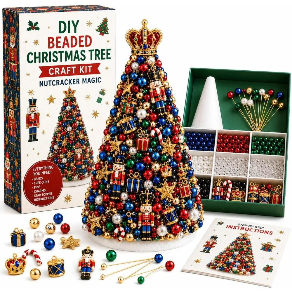 DIY Beaded Christmas Tree Craft Kit, Nutcracker Magic Mini Desktop Christmas Tree Making Kit, Complete Beads and Nutcracker Ornaments Christmas Desktop Home Decoration Supplies