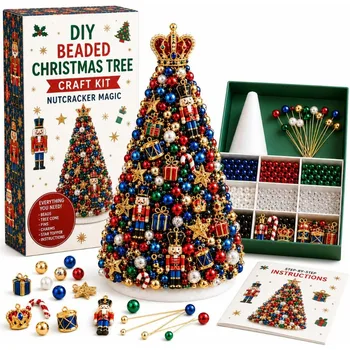 DIY Beaded Christmas Tree Craft Kit, Nutcracker Magic Mini Desktop Christmas Tree Making Kit, Complete Beads and Nutcracker Ornaments Christmas Desktop Home Decoration Supplies