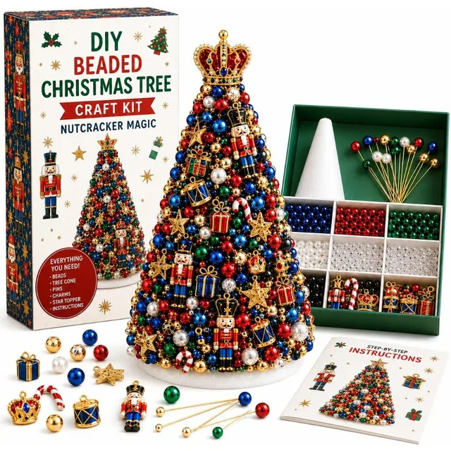 DIY Beaded Christmas Tree Craft Kit, Nutcracker Magic Mini Desktop Christmas Tree Making Kit, Complete Beads and Nutcracker Ornaments Christmas Desktop Home Decoration Supplies