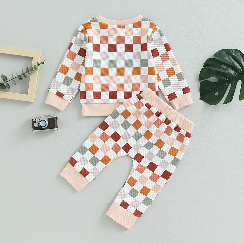 Infant 2-Piece Autumn Ensemble with Plaid Print Sweater and Trousers - Adorable Toddler Apparel for Fall Season