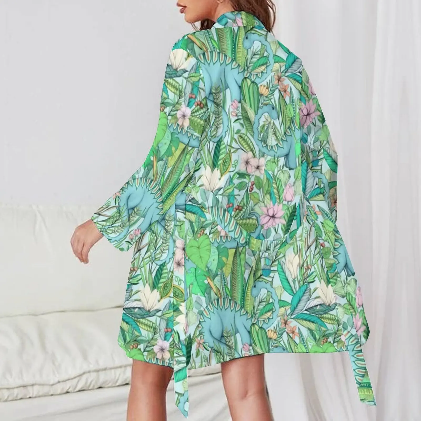 Botanical With Dinosaurs Pajama Robe Dinosaur Quirky Soft Pastels Floral Sleep Pajamas Robes V Neck Sexy Sleepwear Print Dresses