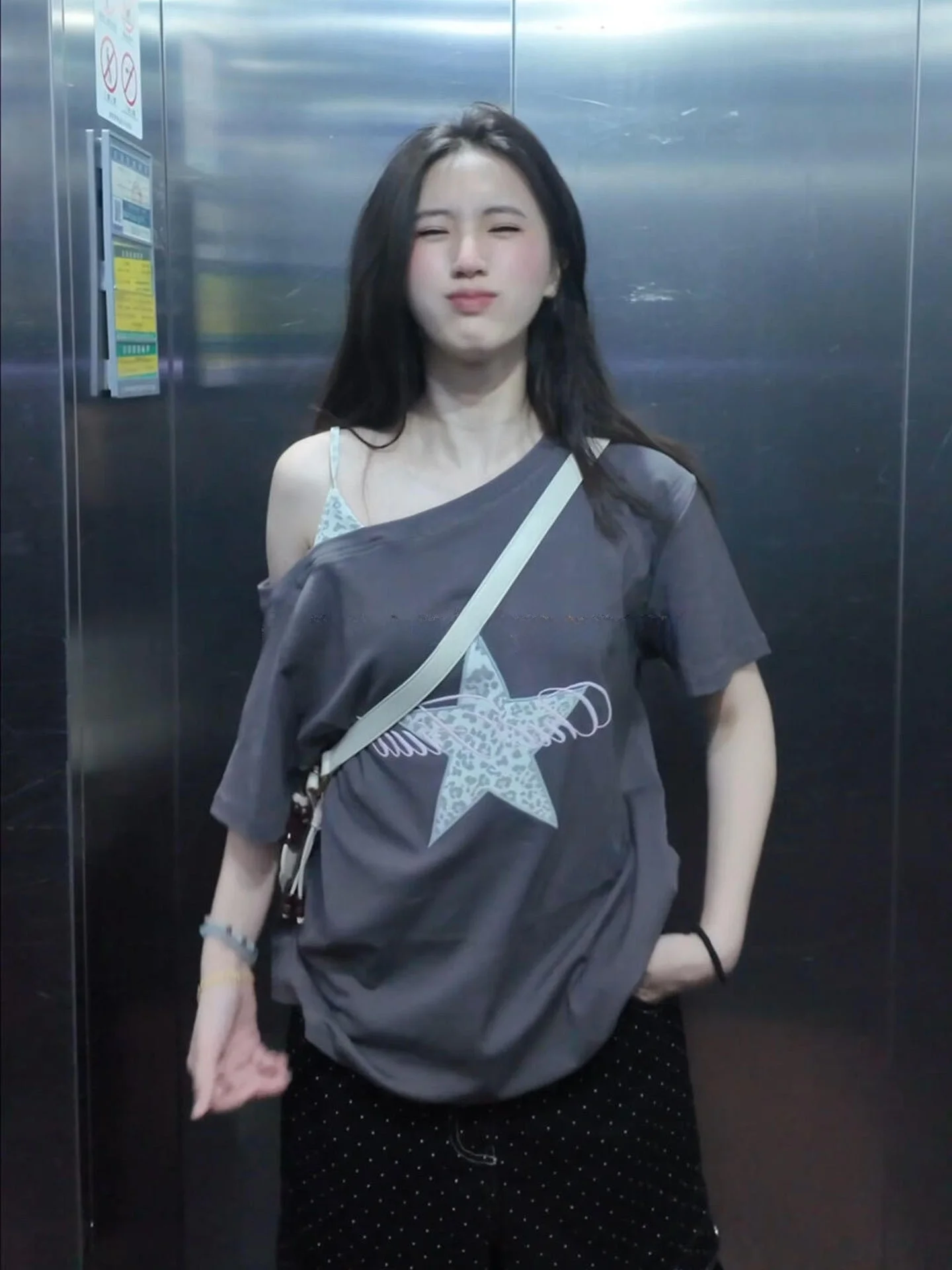 Retro Korean Style Women's T-Shirt Star Leopard Print Embroidery Asymmetrical Shoulder Short Sleeve Loose Fit Slimming Top