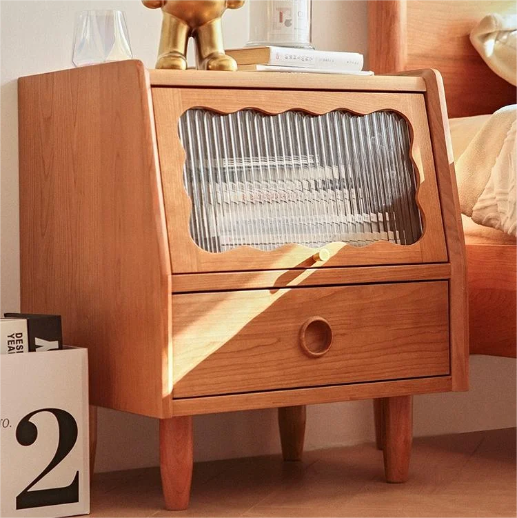 #Modern Solid Cherry Wood Bedside Table With 2 Drawers  Door Bedroom Storage