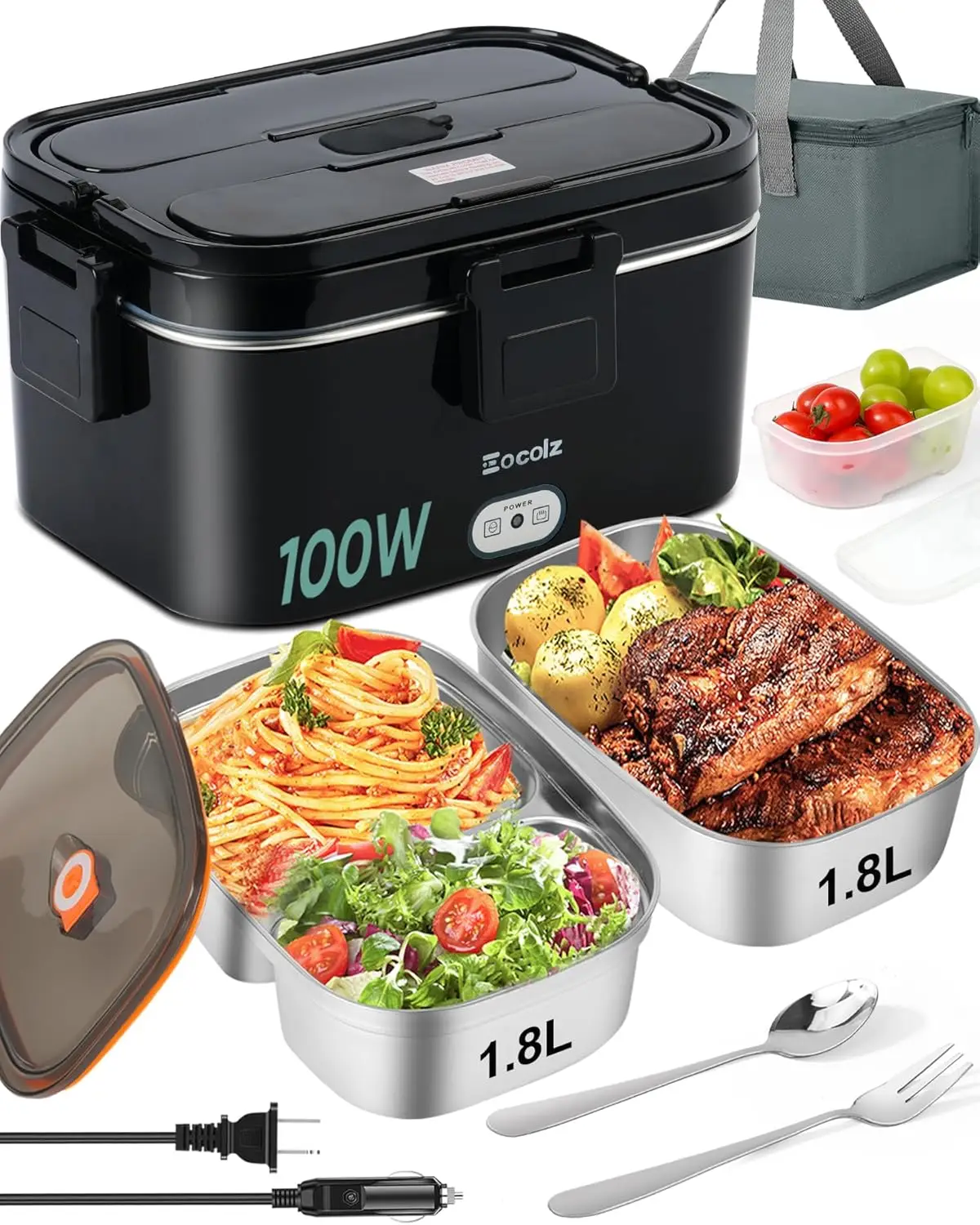 Electric Lunch Box Heater 100W, 1.8L Dual Container Food Warmer with Stainless Steel Utensils, Portable for Car, Truck, Work - 1