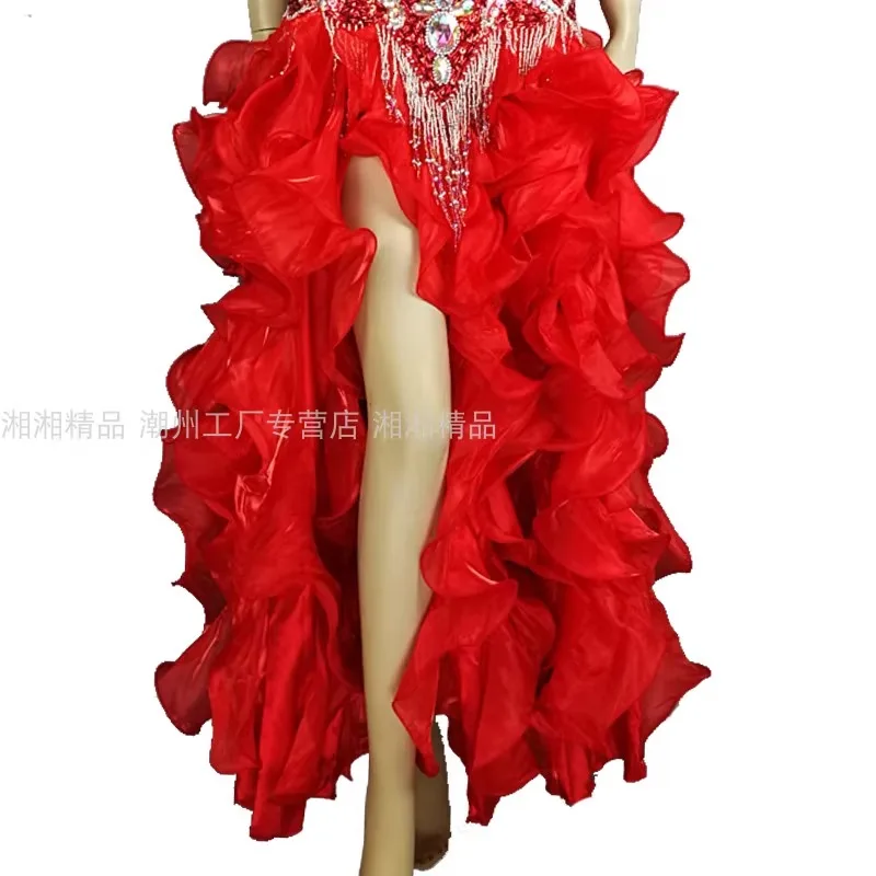 Dostosowany seksowny kostium do tańca brzucha dla kobiet, sukienka do występów dla dorosłych, sukienka z wysokim rozcięciem, duża, rozkloszowana spódnica, puszyste falowane ubrania.