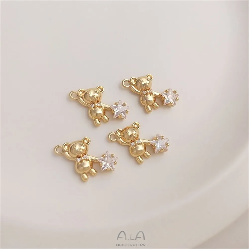 

Inlaid Five-pointed Star Zircon 14K Gold Color Preservation Cute Bear Pick Star Pendant Diy Necklace Bracelet Pendant