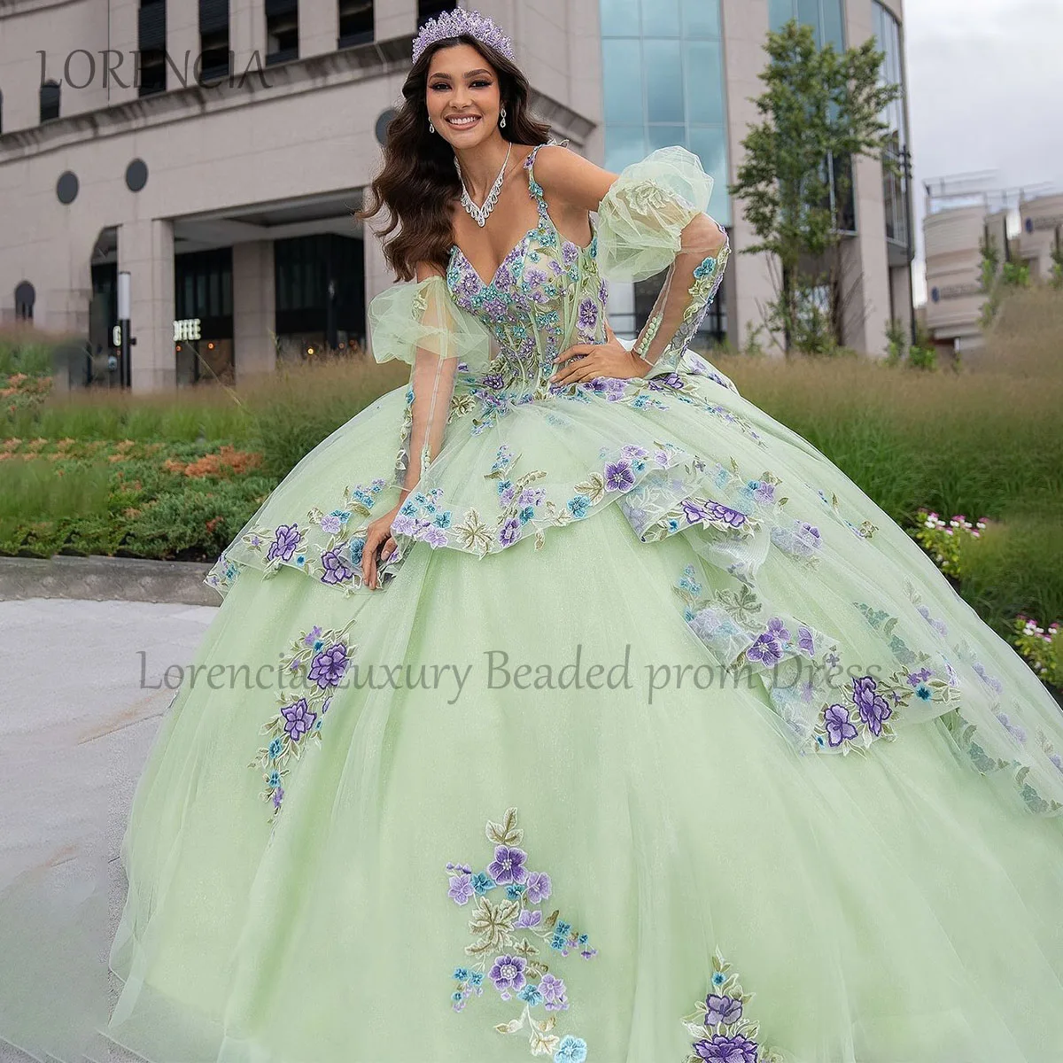 Vestidos de baile verdes sem mangas, vestido Quinceanera flores 3D, Applique México, 16 e 15 anos, 2024