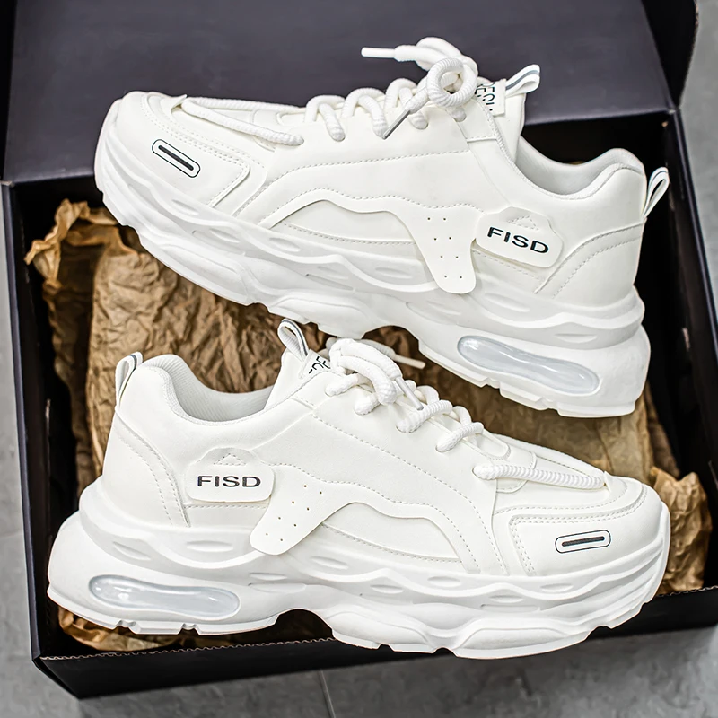 أحذية رياضية بيضاء جديدة للرجال قابلة للتنفس - نعل سميك مبطن بالهواء، نعل ناعم، أحذية كاجوال للأب #3