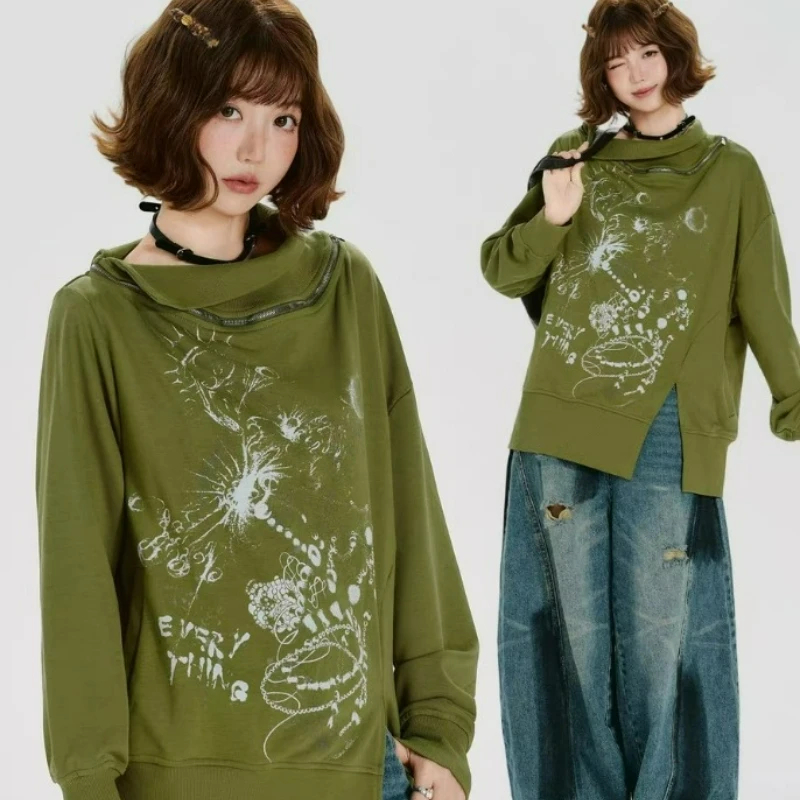 Spring/Autumn New Style Fashionable Loose Versatile Top American Retro Printed Zipper Design Long-sleeved Sweatshirt for Women