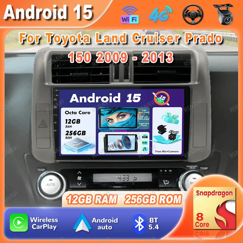

Автомобильный радиоприемник Android 15 для Toyota Land Cruiser Prado 150 2009 2010 2011-2013 BT IPS AI Voice 8 Core RDS Qualcomm Stereo DVD DSP