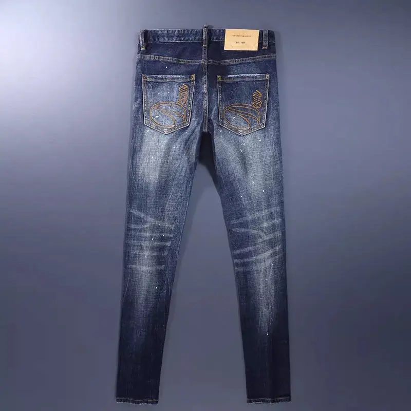 Streetwear Fashion Men Jeans Retro Blue Stretch Slim Fit Vintage Ripped Jeans Men Embroidery Designer Hip Hop Brand Pants Hombre
