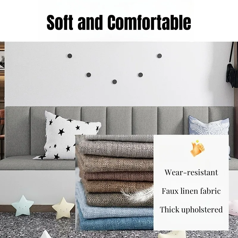Faux Linen Wall Stickers Upholstered Anti Collision Self Adhesive Cushion Soft Decoration Panels Headboard Background Wall Decor