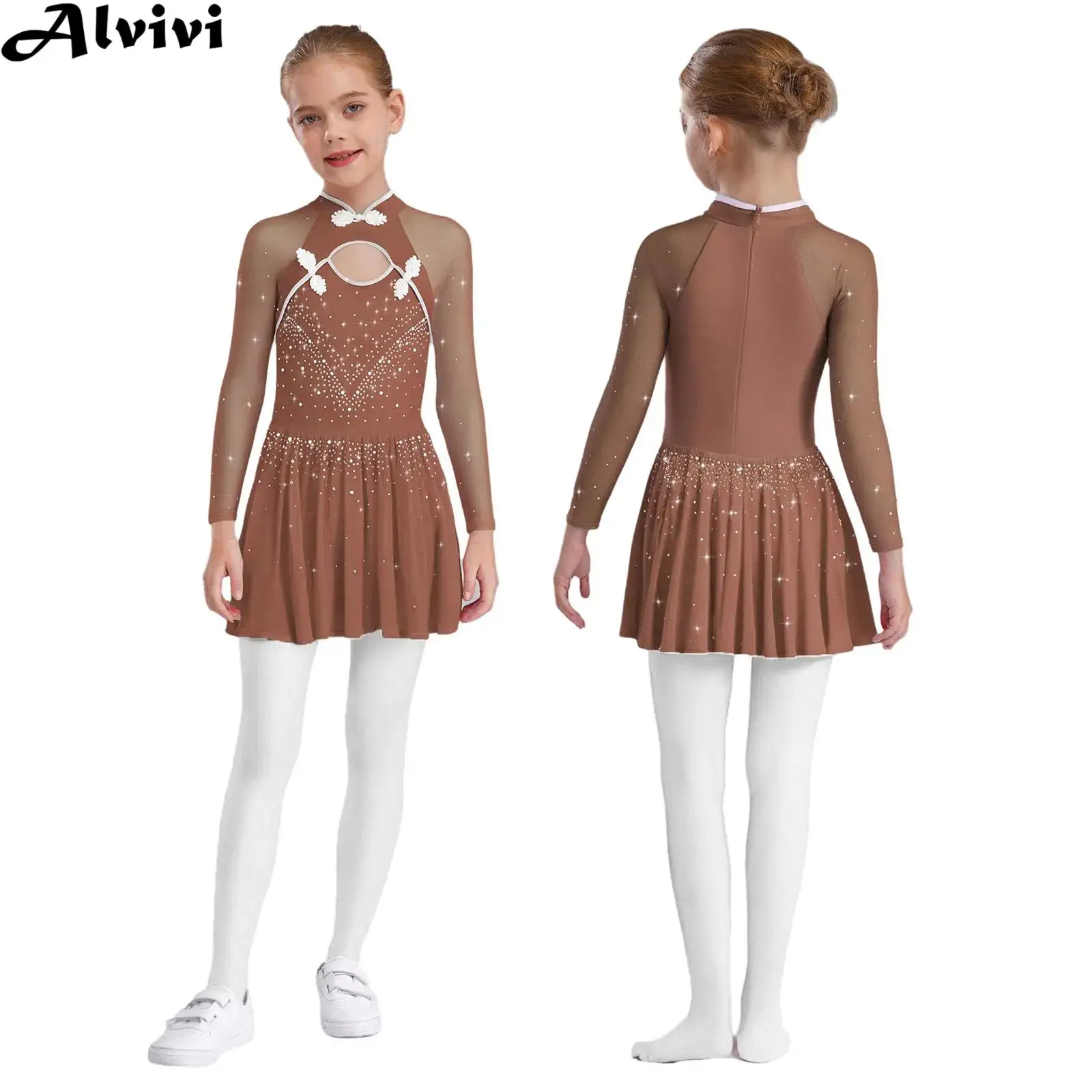 

Kids Girls Figure Skating Dress Long Sleeve Mandarin Collar Sheer Mesh Rhinestone Split Modern Lyrical Dance Leotard Dresses