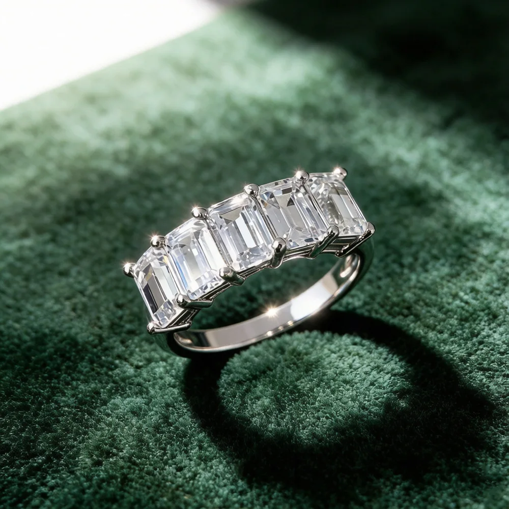 Emerald Cut Moissanite 5 Stone Half Eternity Band Ring 925 Sterling Silver Stackable Wedding Promise Rings For Women Men Jewelry