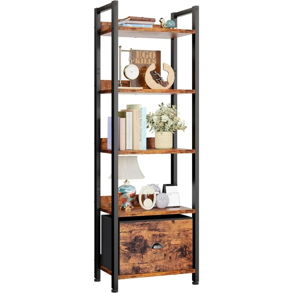 

5-Tier Narrow Bookcase with Drawer, Industrial Wood & Metal Storage Shelf for Bedroom Living Room