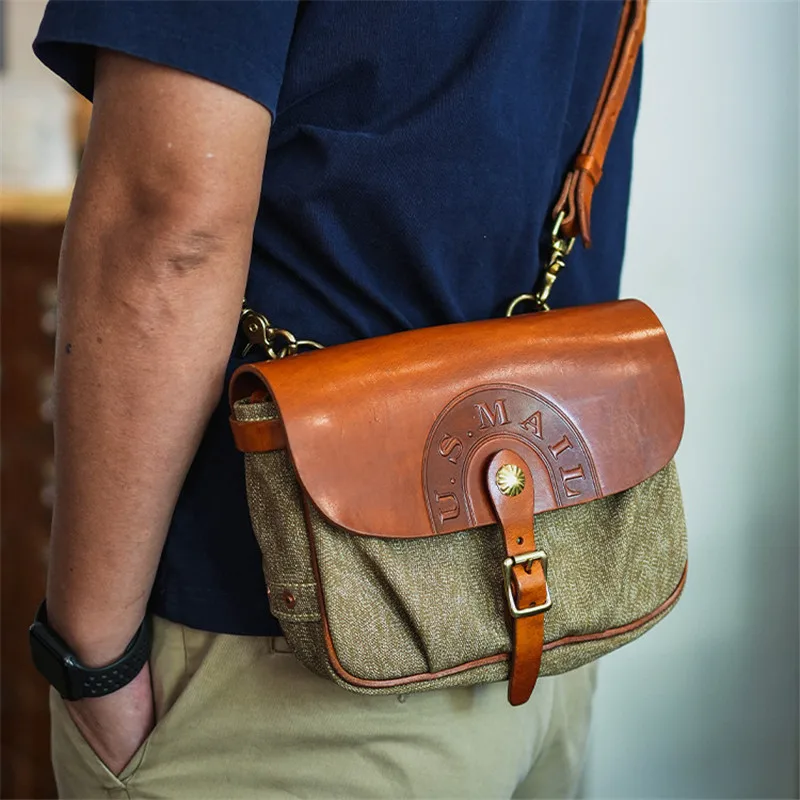 Fashion vintage high quality canvas genuine leather men messenger bag casual designer luxury real cowhide shoulder crossbody bag