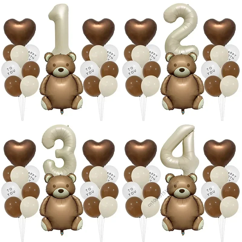 23pc Bear Balloon Number 0-18 Foil Inflated Mylar Children Birthday Balloons Brown Bears Party Decor Supplies Baby Shower