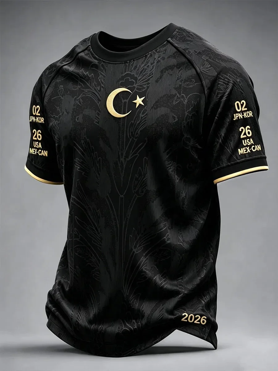 26-27 Turkey Black Floral Jacquard Soccer Jersey White Crescent Star Emblem Sleeve Tournament Print Short Sleeve Football Unifor